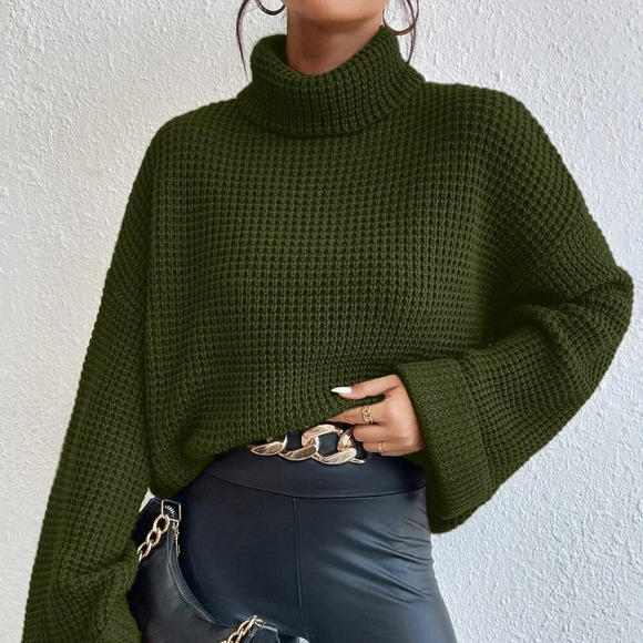 Army Green Casual Women's Turtleneck Long Sleeve Sweater - Picture 6 of 6